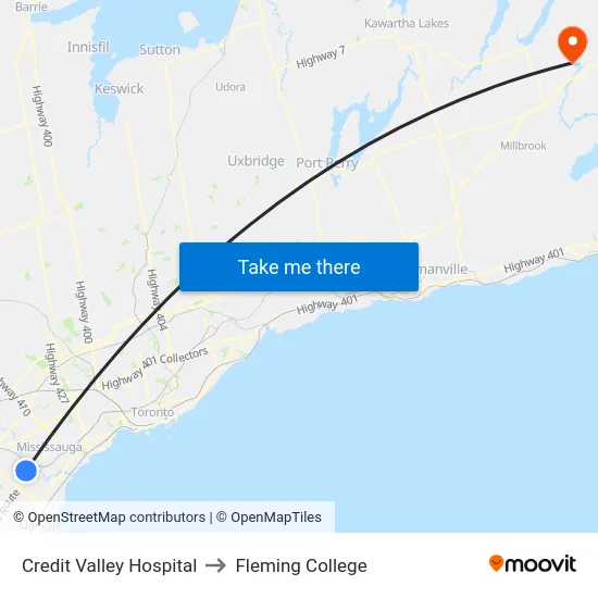 Credit Valley Hospital to Fleming College map