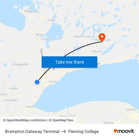 Brampton Gateway Terminal to Fleming College map