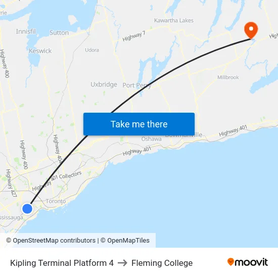 Kipling Terminal Platform 4 to Fleming College map