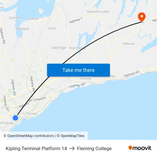 Kipling Terminal Platform 14 to Fleming College map