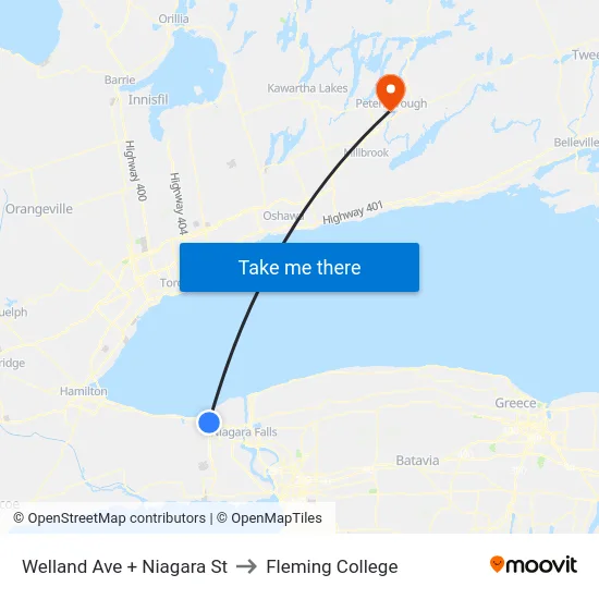 Welland Ave + Niagara St to Fleming College map