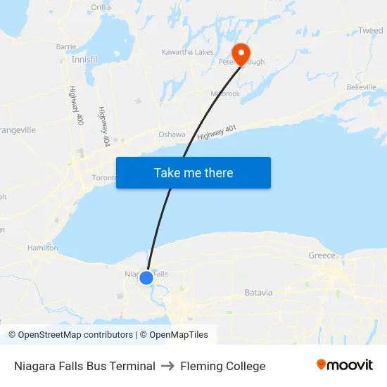 Niagara Falls Bus Terminal to Fleming College map