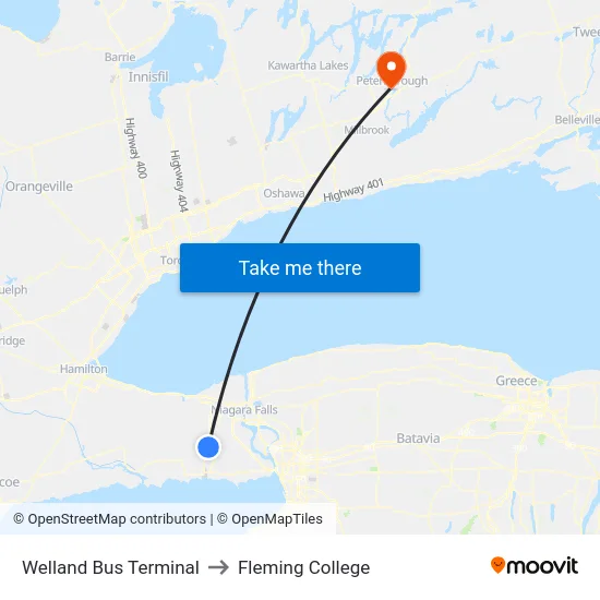 Welland Bus Terminal to Fleming College map