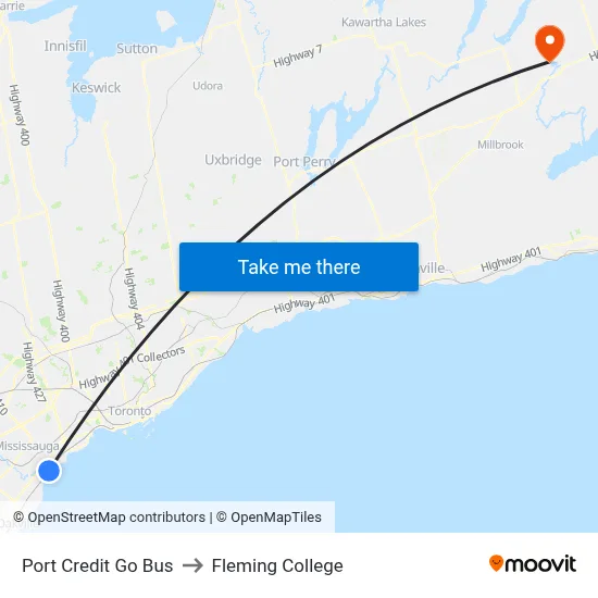 Port Credit Go Bus to Fleming College map