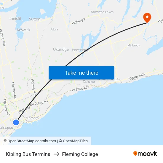 Kipling Bus Terminal to Fleming College map