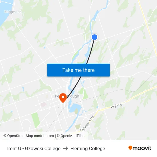 Trent U - Gzowski College to Fleming College map