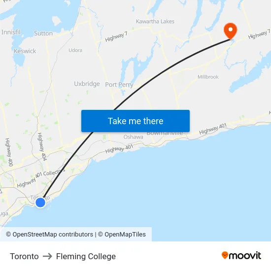 Toronto to Fleming College map