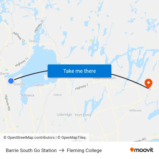 Barrie South Go Station to Fleming College map