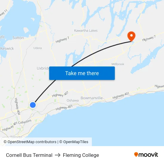 Cornell Bus Terminal to Fleming College map