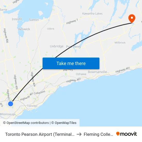 Toronto Pearson Airport (Terminal 1) to Fleming College map