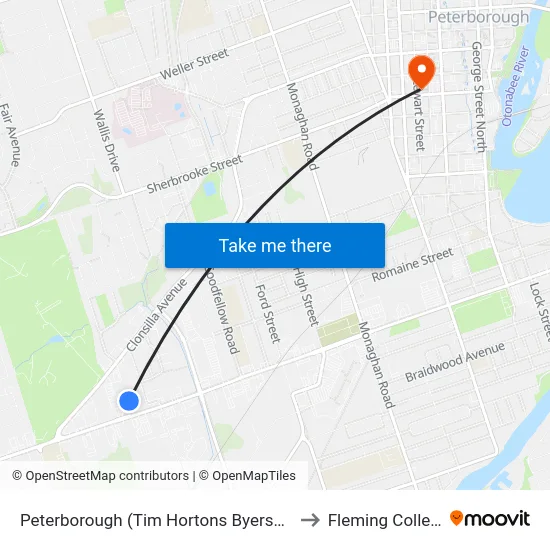 Peterborough (Tim Hortons Byersville) to Fleming College map