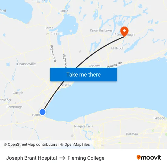 Joseph Brant Hospital to Fleming College map