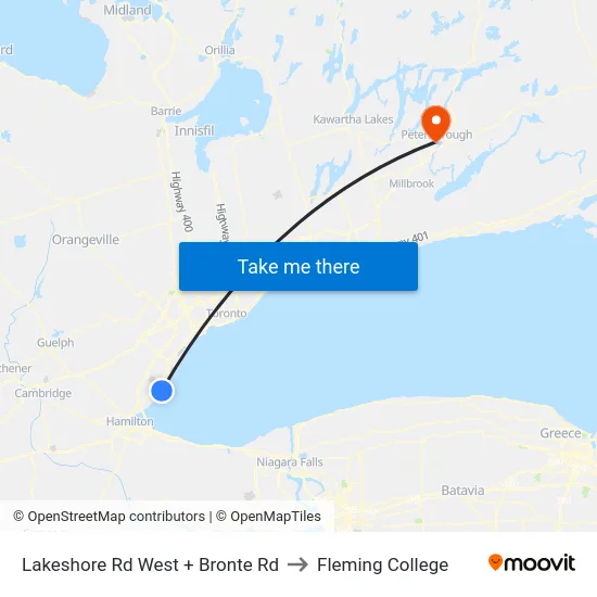 Lakeshore Rd West + Bronte Rd to Fleming College map