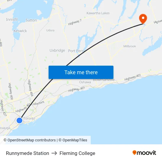 Runnymede Station to Fleming College map
