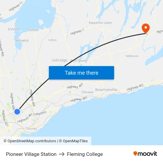 Pioneer Village Station to Fleming College map