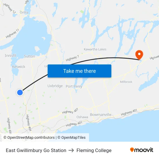 East Gwillimbury Go Station to Fleming College map