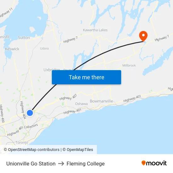 Unionville Go Station to Fleming College map