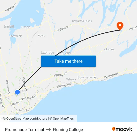 Promenade Terminal to Fleming College map