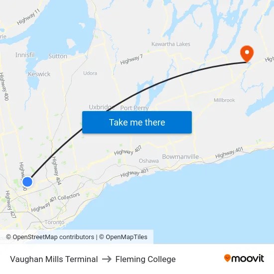 Vaughan Mills Terminal to Fleming College map