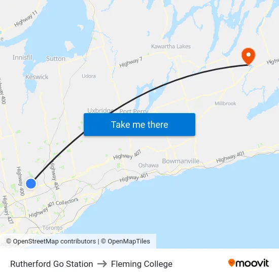 Rutherford Go Station to Fleming College map