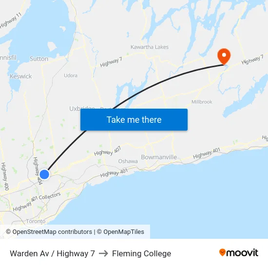 Warden Av / Highway 7 to Fleming College map