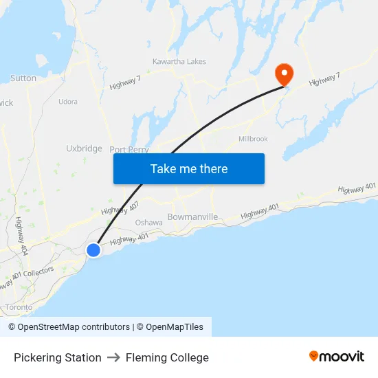 Pickering Station to Fleming College map