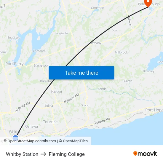 Whitby Station to Fleming College map