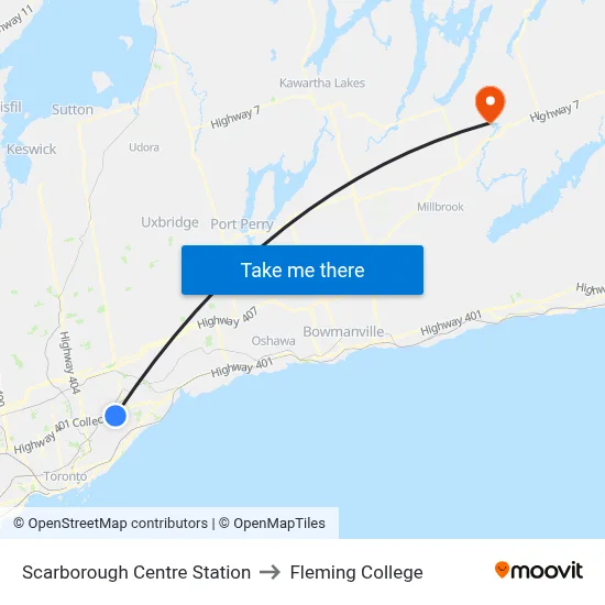 Scarborough Centre Station to Fleming College map