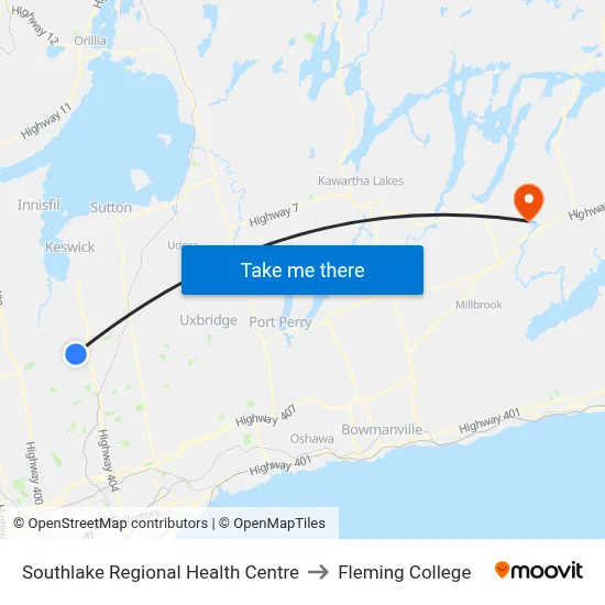 Southlake Regional Health Centre to Fleming College map