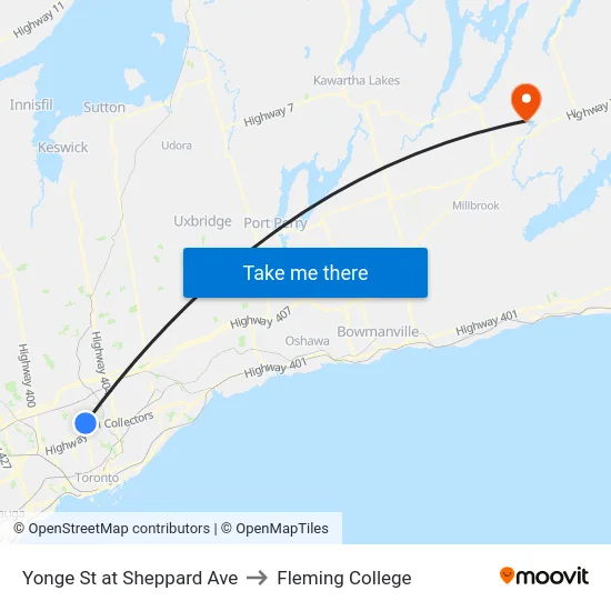 Yonge St at Sheppard Ave to Fleming College map