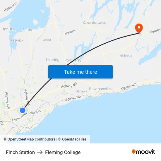 Finch Station to Fleming College map
