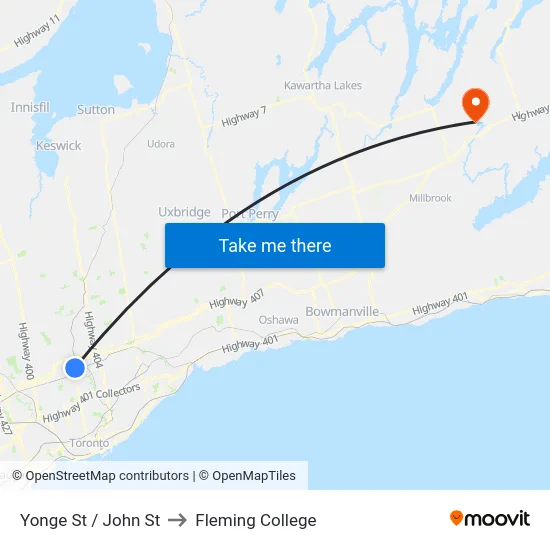 Yonge St / John St to Fleming College map