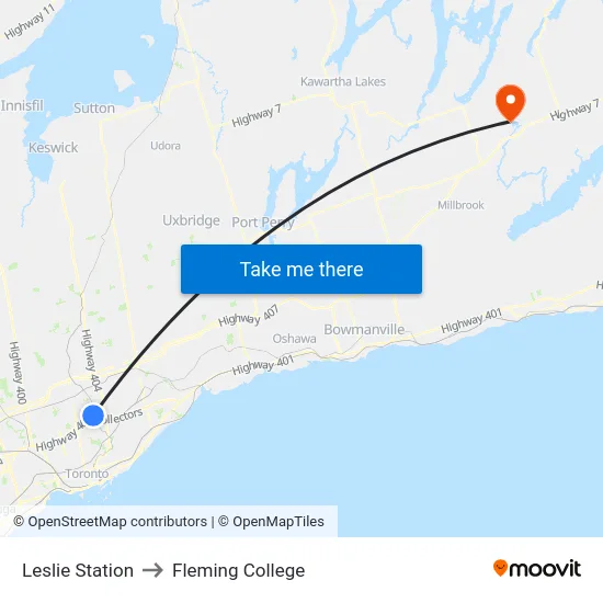 Leslie Station to Fleming College map