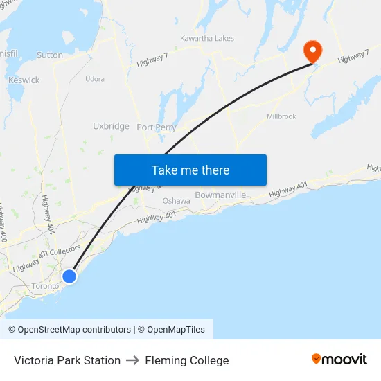 Victoria Park Station to Fleming College map