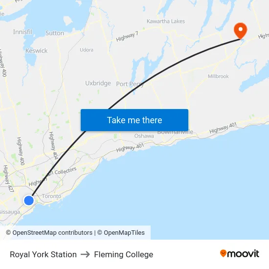 Royal York Station to Fleming College map