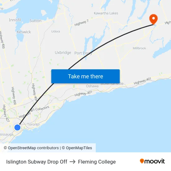 Islington Subway Drop Off to Fleming College map