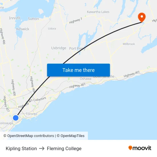 Kipling Station to Fleming College map
