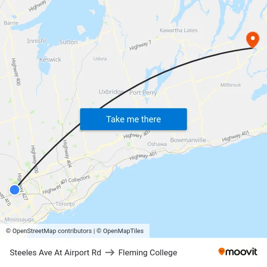 Steeles Ave At Airport Rd to Fleming College map