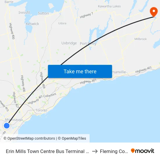 Erin Mills Town Centre Bus Terminal Platform B to Fleming College map