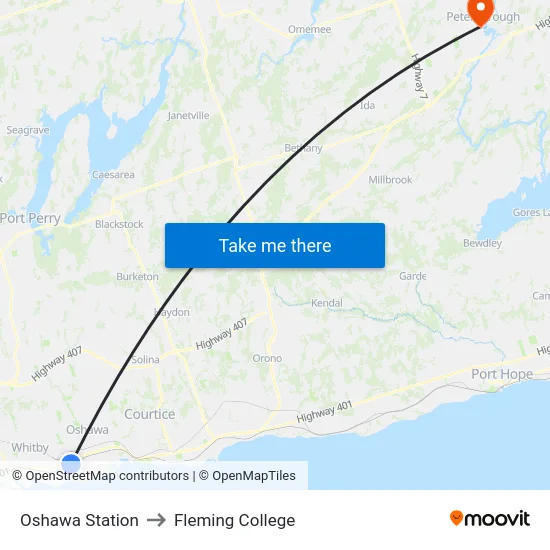 Oshawa Station to Fleming College map