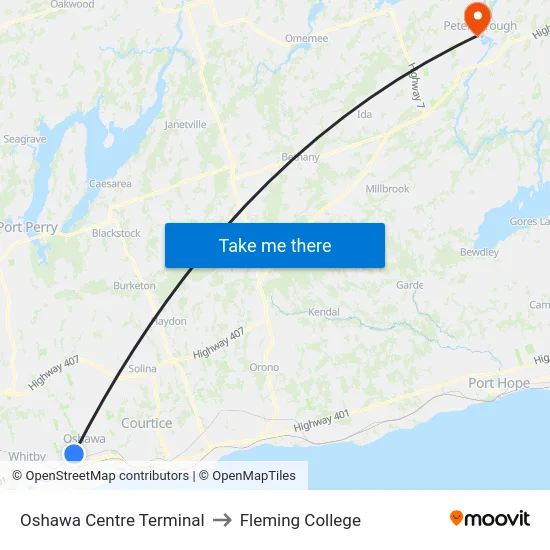 Oshawa Centre Terminal to Fleming College map