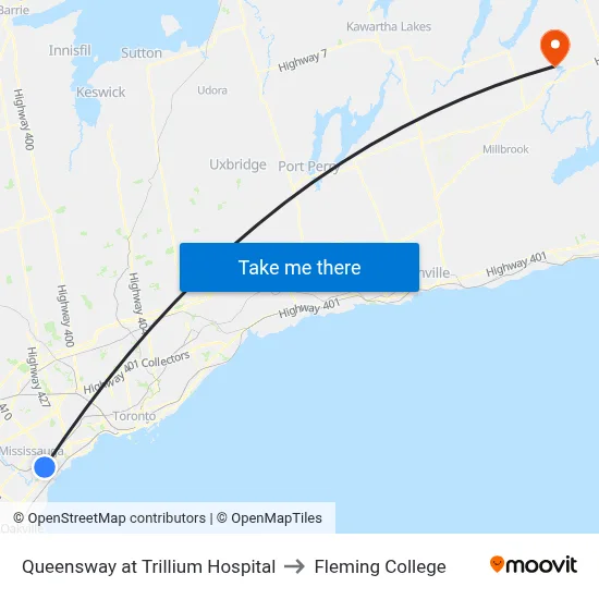 Queensway at Trillium Hospital to Fleming College map