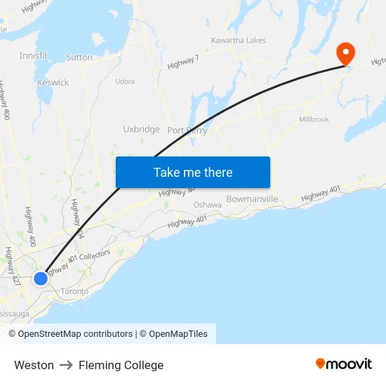 Weston to Fleming College map