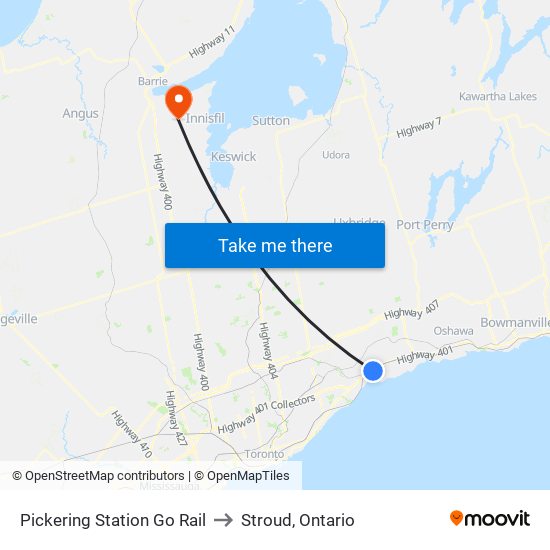 Pickering Station Go Rail to Stroud, Ontario map