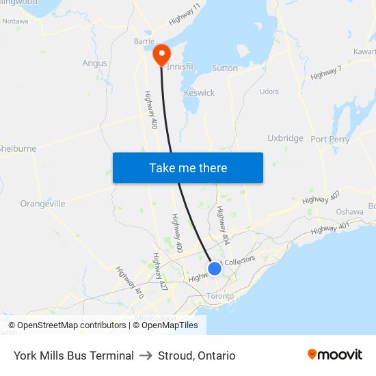York Mills Bus Terminal to Stroud, Ontario map