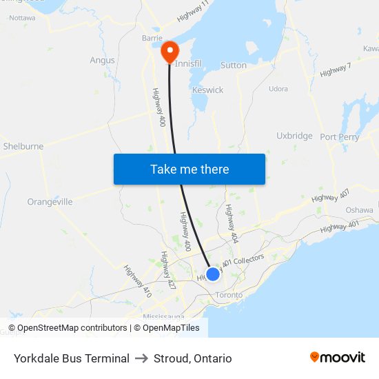 Yorkdale Bus Terminal to Stroud, Ontario map