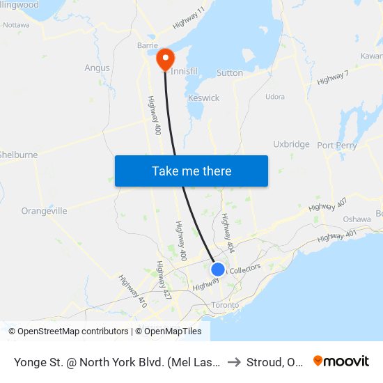 Yonge St. @ North York Blvd. (Mel Lastman Square) to Stroud, Ontario map