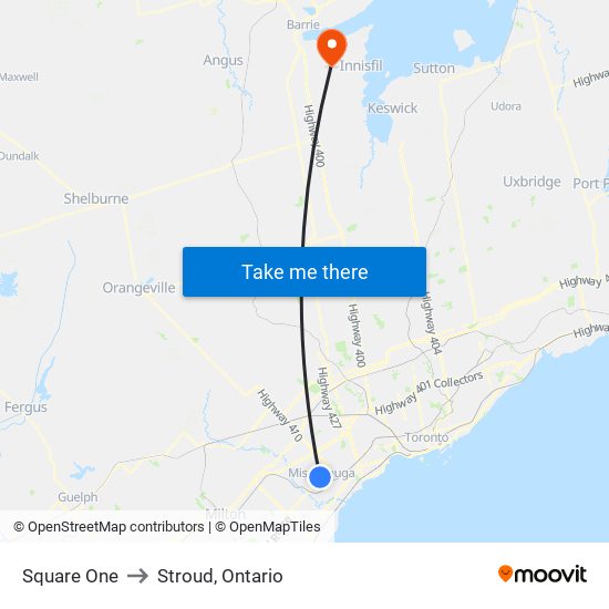 Square One to Stroud, Ontario map