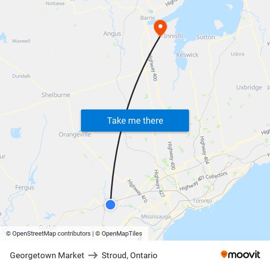 Georgetown Market to Stroud, Ontario map