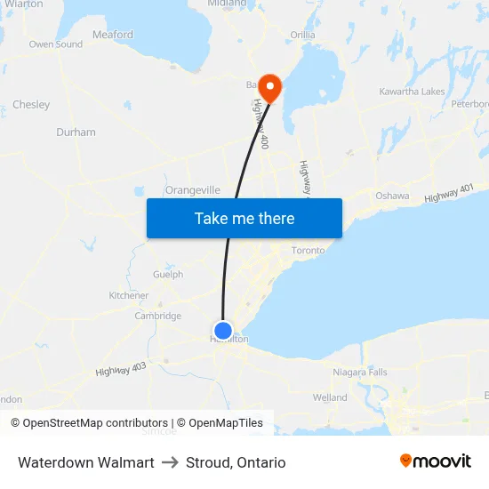 Waterdown Walmart to Stroud, Ontario map